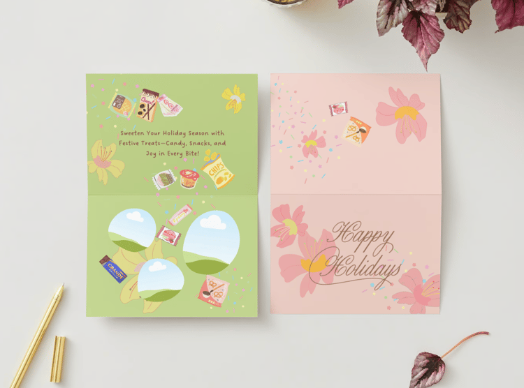 Customizable Nostalgic Asian Sweets Holiday Folded Card Landscape | Digital Canva Template. Mock card outside and inside views