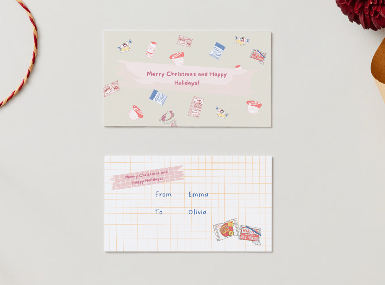 Customizable Nostalgic Line Art Asian Sweets Gift/Favor Tag| Digital Canva Template. Mock card front and back views
