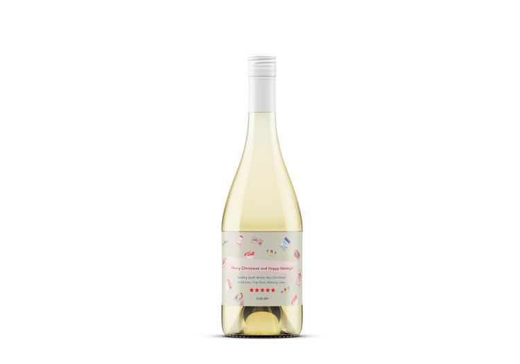 Customizable Nostalgic Line Art Asian Sweets Sticker Label 6"x4" | Digital Canva Template. Mock sticker on white wine bottle