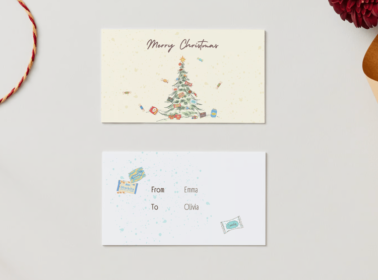 Customizable Nostalgic Christmas Tree with Sweets Gift/Favor Tag| Digital Canva Template. Mock card front and back views