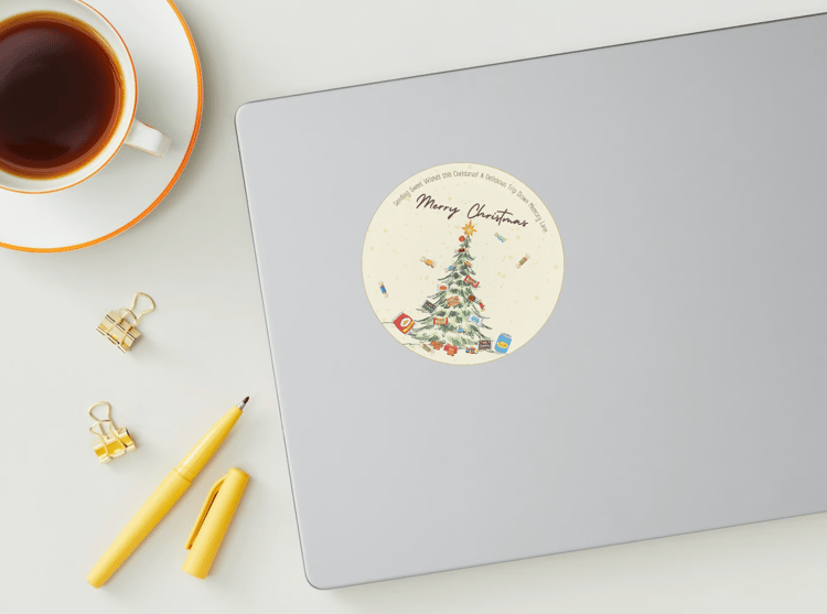 Customizable Nostalgic Christmas Tree with Sweets Circle Sticker | Digital Canva Template. Mock sticker on laptop