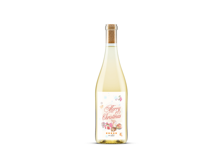 Customizable Cheerful Watercolor Christmas Feast Sticker Label 4"x6" | Digital Canva Template. Mock sticker label on white wine bottle
