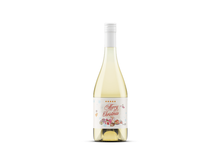 Customizable Cheerful Watercolor Christmas Feast Sticker Label 6"x4" | Digital Canva Template. Mock sticker label on white wine bottle