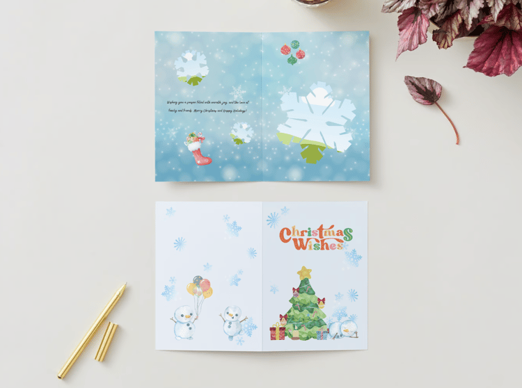 Customizable Cute Snowmen Christmas Wishes Folded Card Portrait | Digital Canva Template. Mock card outside and inside views