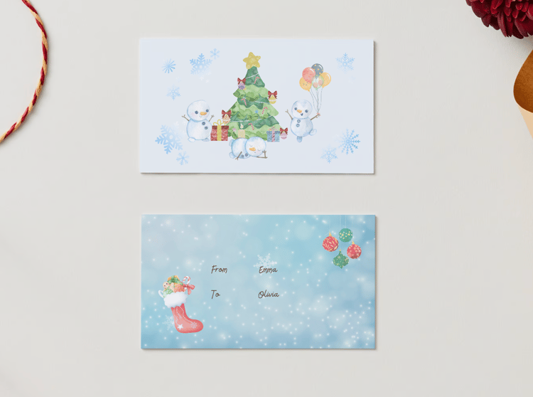 Customizable Cute Snowmen Christmas Wishes Gift/Favor Tag| Digital Canva Template. Mock card front and back views