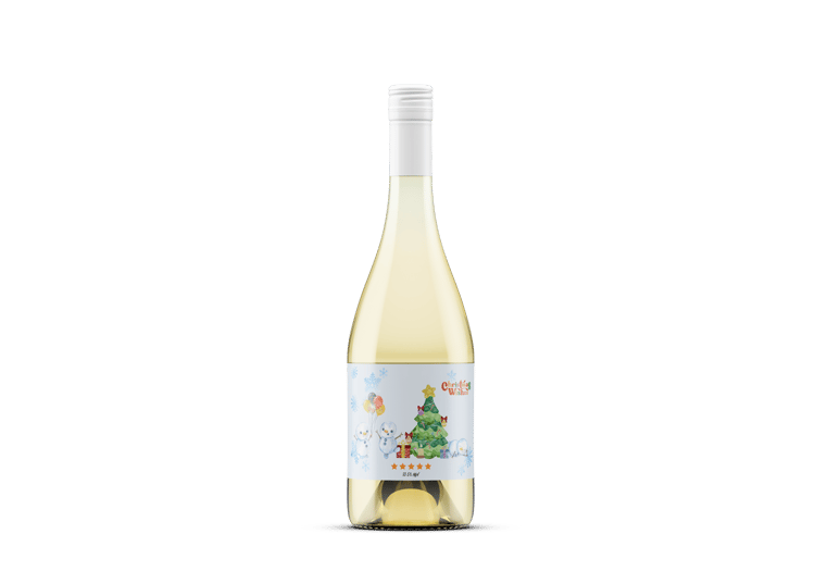 Customizable Cute Snowmen Christmas Wishes Sticker Label 6"x4" | Digital Canva Template. Mock sticker label on white wine bottle