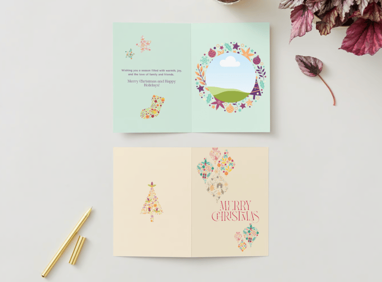 Customizable Colorful Christmas Motifs Decor Folded Card Portrait | Digital Canva Template. Mock card outside and inside views