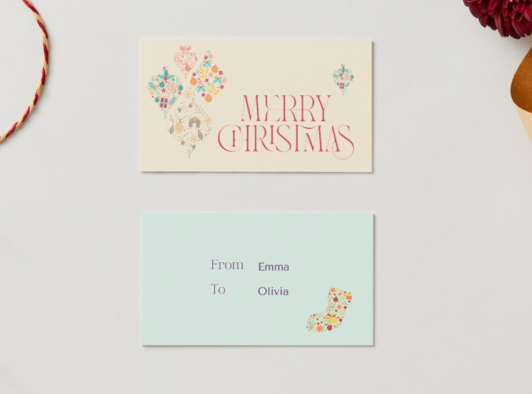 Customizable Colorful Christmas Motifs Decor Gift/Favor Tag| Digital Canva Template. Mock card front and back views