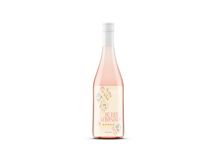 Customizable Colorful Christmas Motifs Decor Sticker Label 4"x6" | Digital Canva Template. Mock sticker labe on rose wine bottle