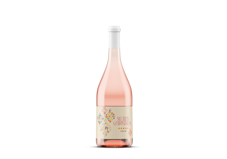 Customizable Colorful Christmas Motifs Decor Sticker Label 6"x4" | Digital Canva Template. Mock sticker label on rose wine bottle