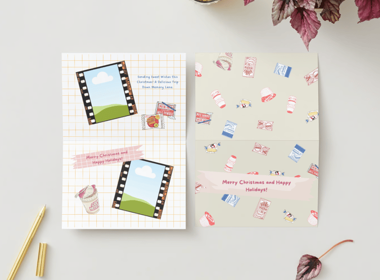 Nostalgic Line Art Asian Sweets Canva Template Bundle | 6 Customizable Designs | Holiday Season Digital Download. Mock card landscape outside and inside views