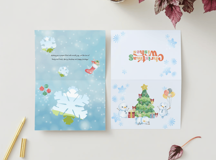 Cute Snowmen Christmas Wishes Canva Template Bundle | 6 Customizable Designs | Holiday Season Digital Download. Mock card landscape outside and inside views