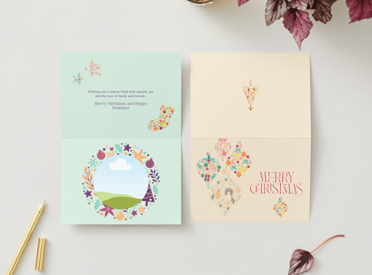Colorful Christmas Motifs Decor Canva Template Bundle | 6 Customizable Designs | Holiday Season Digital Download. Mock card landscape outside and inside views