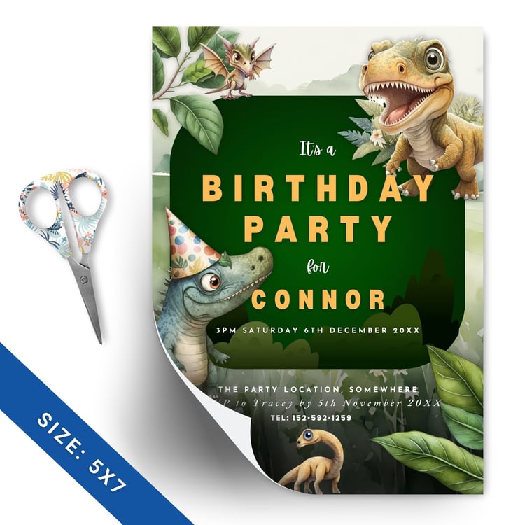 Dinosaur Birthday Party Invitation Template for Kids - Editable Canva Design