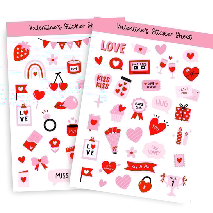 Red Valentines Day Sticker Sheet - 60+ Cute Love Stickers for Cards & Crafts