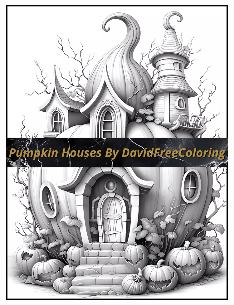 Pumpkin Houses Coloring Book is a coloring book for adults with 50 Whimsical Pumpkin home to color creatively, both through the download of PNG and PDF files. Pumpkin Houses Coloring Book Houses Images for Adult Coloring Pages Pumpkin printable coloring b