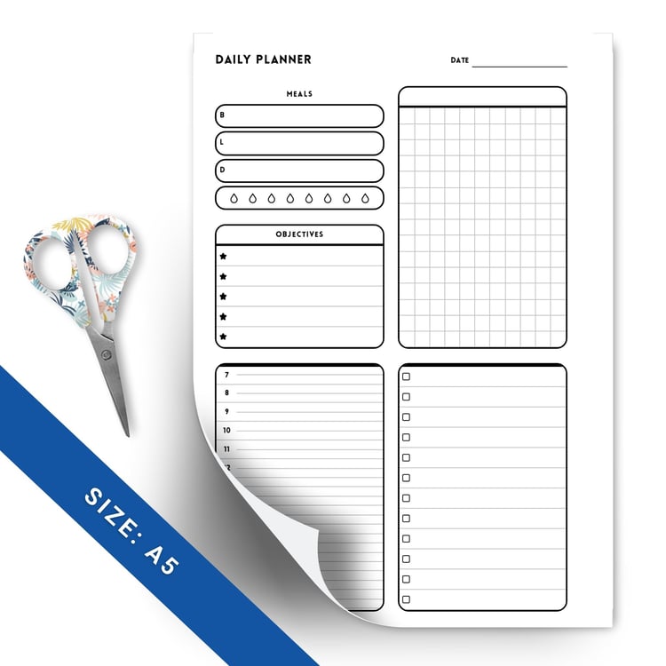 Minimalist Daily Planner | A5 Planner with Meals | Printable Daily Organizer