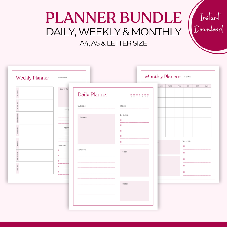 Planner Bundle featuring daily, weekly, and monthly planners in A4, A5, and Letter sizes. Includes sections for goals, tasks, appointments, and notes. Instant download, perfect for organization and productivity.