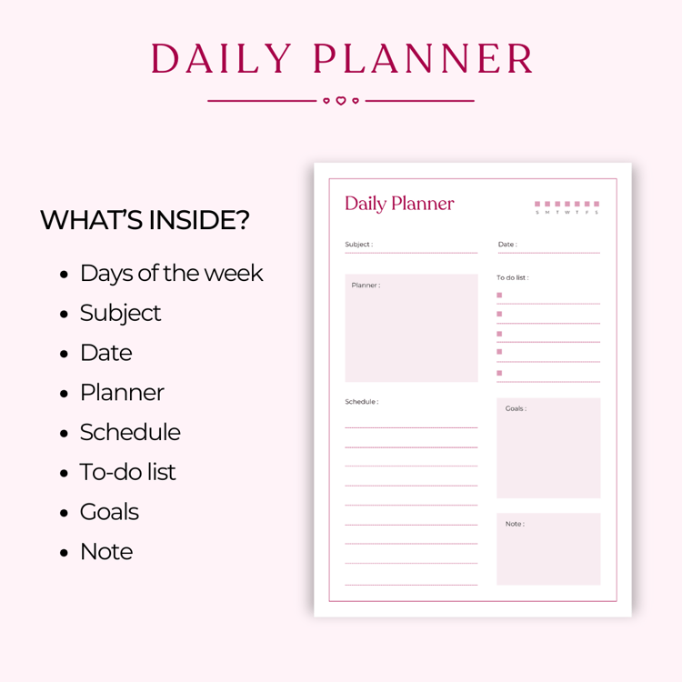 Daily planner template with sections for subject, date, planner, schedule, to-do list, goals, and notes. Perfect for daily organization and productivity planning.