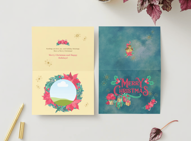 Customizable Festive Poinsettia Christmas Gifts Folded Card Landscape | Digital Canva Template. Mock card outside and inside views