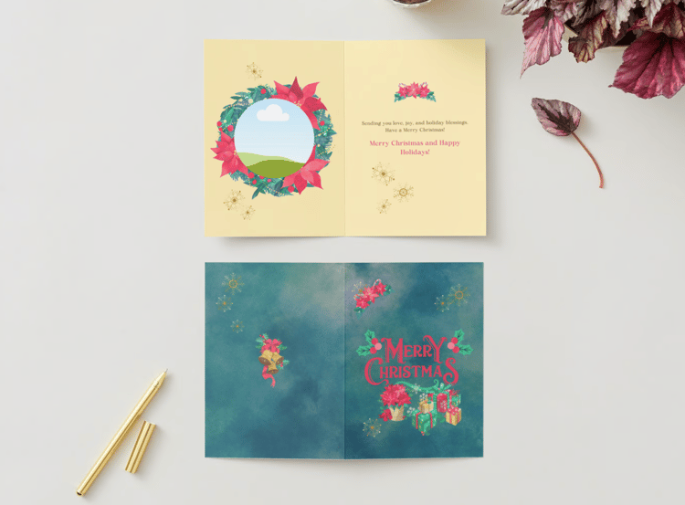 Customizable Festive Poinsettia Christmas Gifts Folded Card Portrait | Digital Canva Template. Mock card outside and inside views