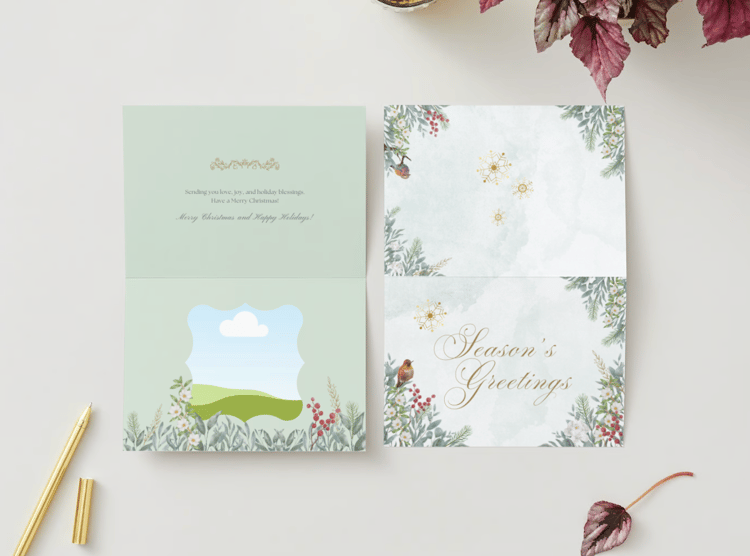 Customizable Elegant Winter Botanicals Folded Card Landscape | Digital Canva Template. Mock card outside and inside views