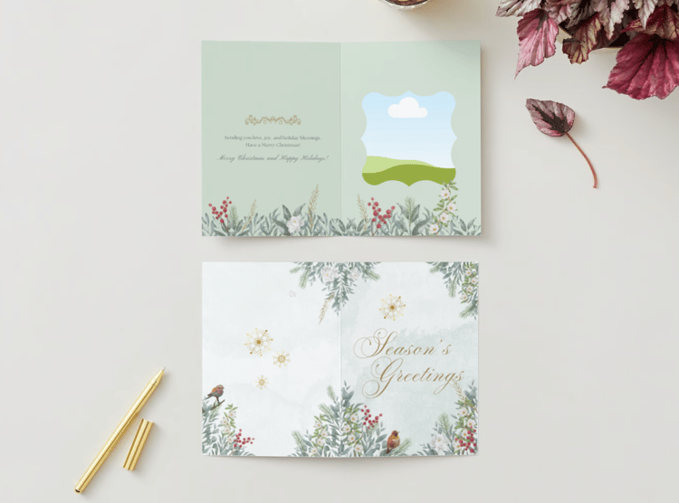 Customizable Elegant Winter Botanicals Folded Card Portrait | Digital Canva Template. Mock card outside and inside views