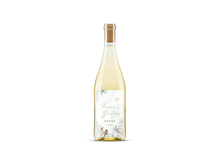 Customizable Elegant Winter Botanicals Sticker Label 4"x6" | Digital Canva Template. Mock sticker on white wien bottle