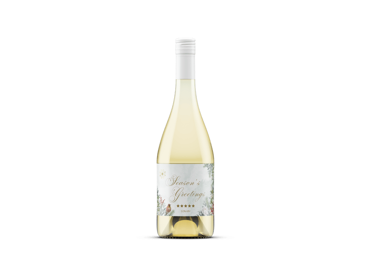 Customizable Elegant Winter Botanicals Sticker Label 6"x4" | Digital Canva Template. Mock sticker on white wine bottle