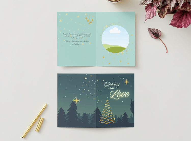 Customizable Golden Christmas Glow Folded Card Portrait | Digital Canva Template. Mock card outside and inside views