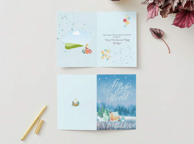Customizable Adorable Winter Wonderland Folded Card Portrait | Digital Canva Template. Mock card outside and inside views