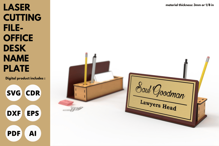 Office Desk Name Plate with Pencil Holder | Laser Cutting File | Laser cut | SVG File