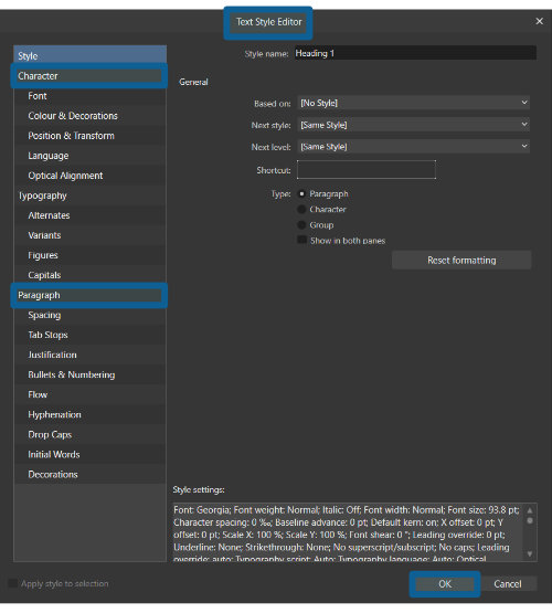 affinity publisher text style editor
