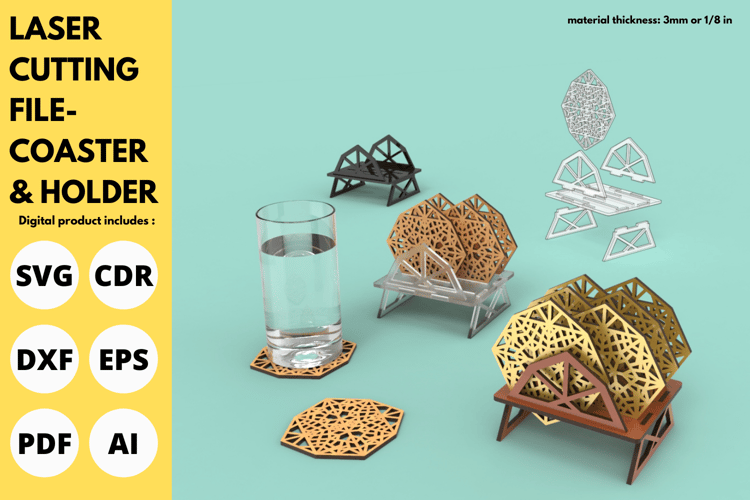 Coaster and Holder Set | Geometric Design | Laser Cutting File | Laser cut | SVG File
