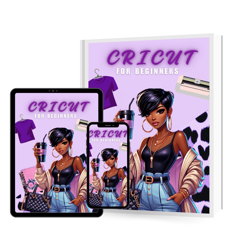 woman holding a tumbler wearing jeans and a black shirt on the cover of a book, cellphone and tablet for Cricut for Beginners ebook