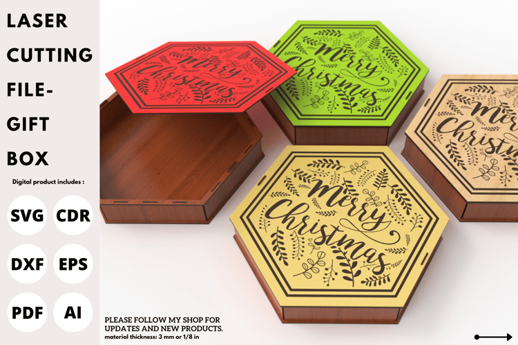Christmas Gift Box, Candy Box, Hexagon Design, Laser Cutting File, SVG File, Laser cut