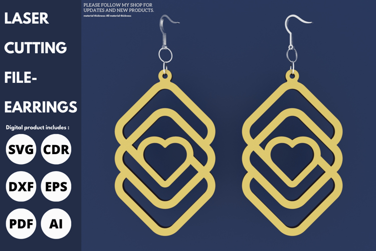 Geometric Heart Love Earrings, Modern Jewelry, Laser Cut Design, SVG Earrings