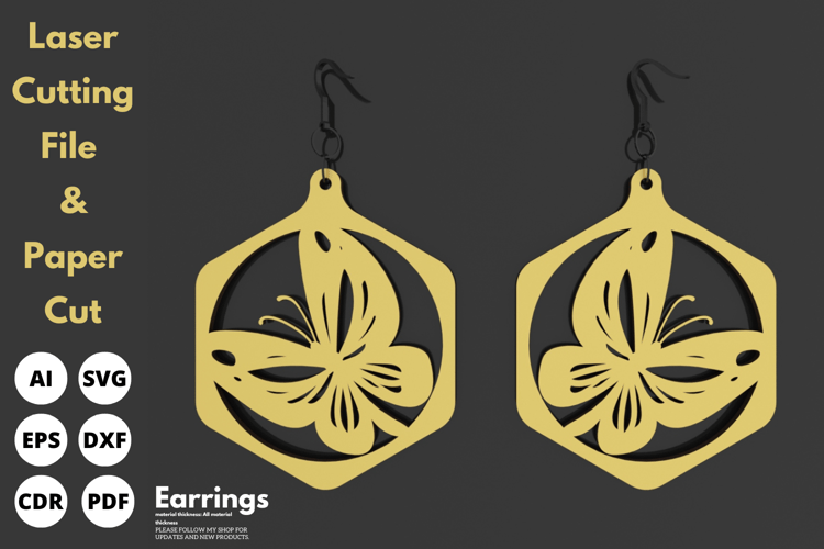 Butterfly Hexagon Earrings, Laser Cutting Jewelry, Laser Cut, SVG, handmade earrings