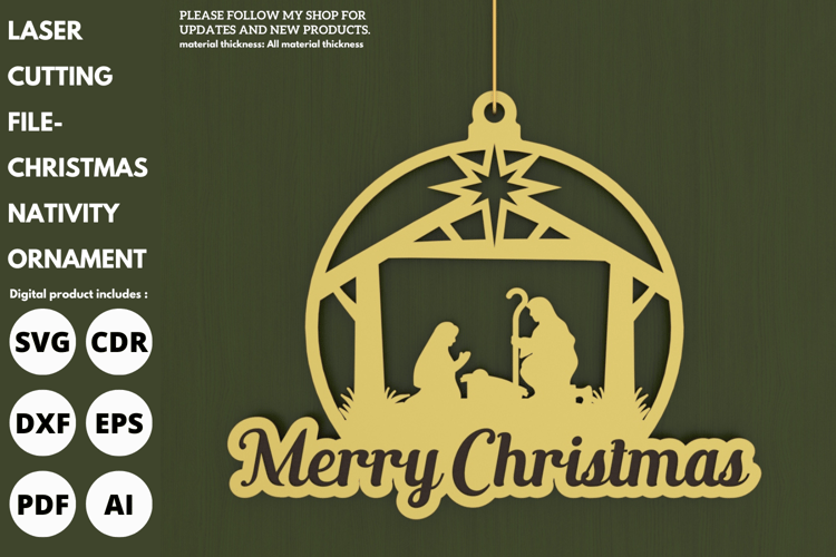 Nativity Scene Christmas Ornament, Laser Cut Design, Holiday Decoration, SVG File