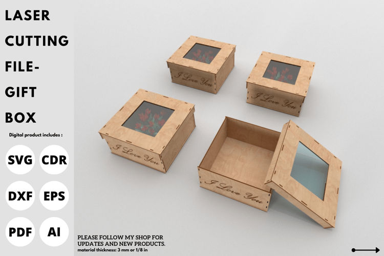 Square Laser Cut Gift Box, "I Love You" Engraving, Laser Cutting File, SVG, Laser Cut