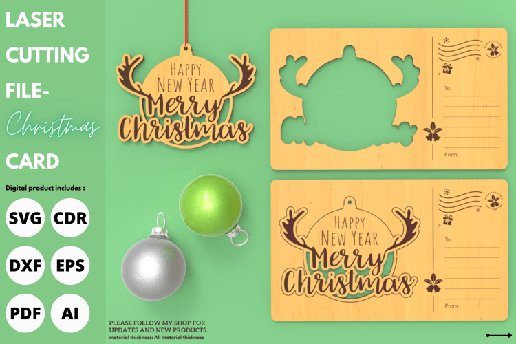 Merry Christmas Greeting Cards Ornament, Laser Cutting File, SVG File, Laser Cut