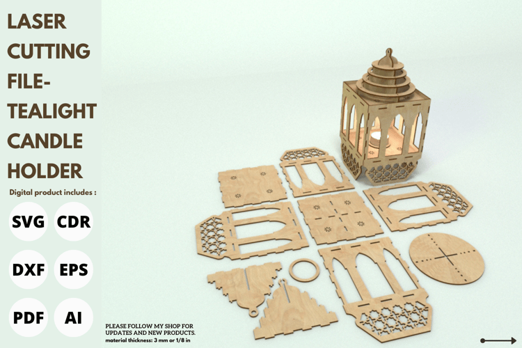 Ramadan Tealight Candle Holder, Laser Cutting File, Lantern Decor, SVG, Laser cut