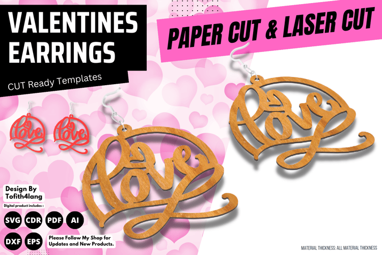 Love Valentine's Earrings | Laser Cut File | SVG Earrings Design for Valentine's Day