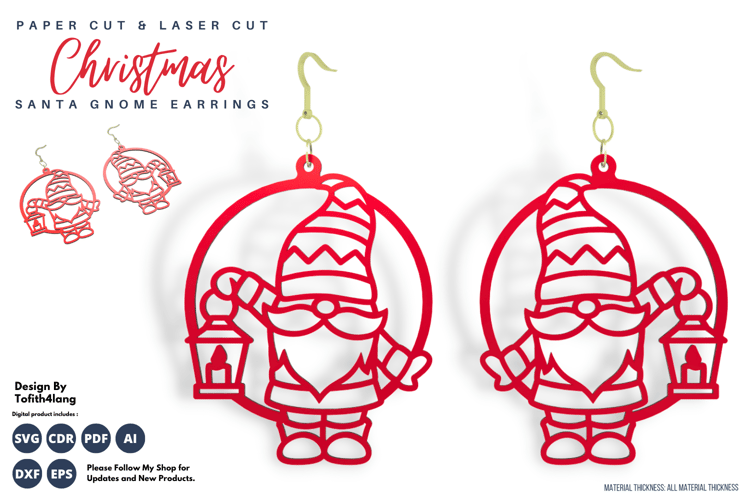 Santa Gnome Earrings | Christmas Laser Cut & Paper Cut SVG Files, Holiday Jewelry Design