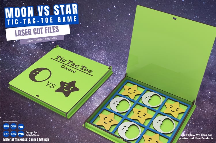 Moon vs Star Tic Tac Toe Game | Laser Cut File | SVG File | Game for Kids and Adults