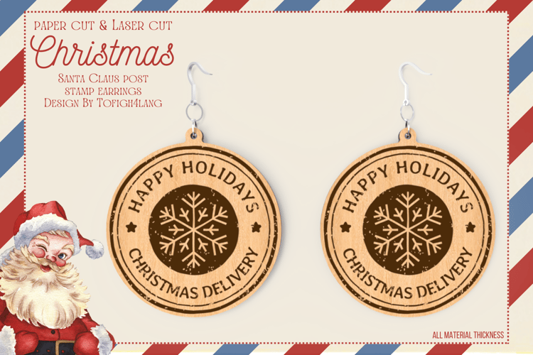 Santa Claus Post-Stamp Earrings | Christmas Laser Cut & Paper Cut SVG Files | Festive Jewelry