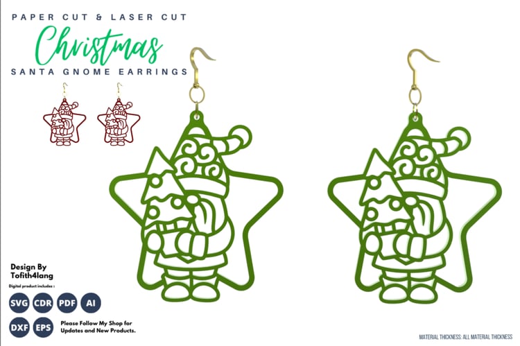 Christmas Santa Gnome Earrings | Laser Cut | Paper Cut SVG Files | Laser Cutting File
