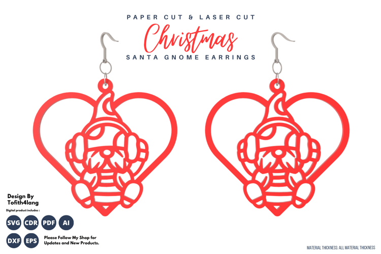 Santa Gnome Heart Earrings | Christmas SVG File | Laser Cut & Paper Cut Earrings Design