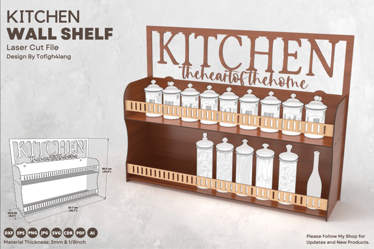 Kitchen Wall Shelf Laser Cut Files | Rustic Home Organization | Kitchen Decor SVG