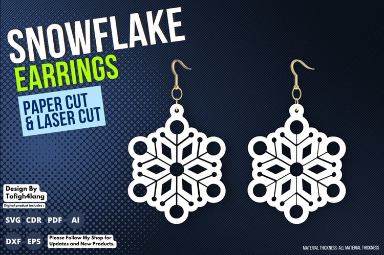Snowflake Earrings Laser Cut Files | Winter Jewelry Design | Paper Cut Earrings SVG